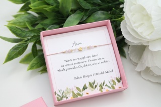 Bransoletka Beauty na Pierwszą Komunię z różowym kwarcem i kryształem górskim, personalizowana pamiątka