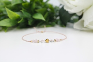 Bransoletka Beauty na Pierwszą Komunię z różowym kwarcem i kryształem górskim, personalizowana pamiątka