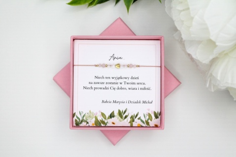 Bransoletka Beauty na Pierwszą Komunię z różowym kwarcem i kryształem górskim, personalizowana pamiątka