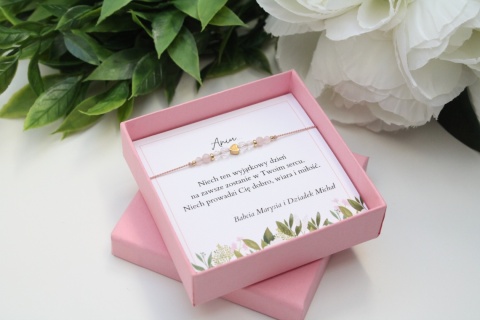 Bransoletka Beauty na Pierwszą Komunię z różowym kwarcem i kryształem górskim, personalizowana pamiątka